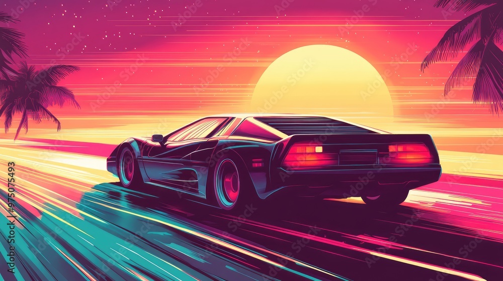 Naklejka premium 1980s Sci-Fi Background with Supercar. AI generated illustration