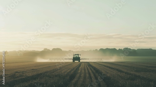 A tractor moves across a vast, foggy field during dawn, spreading seeds with precision, as the sun rises and golden light touches the horizon.