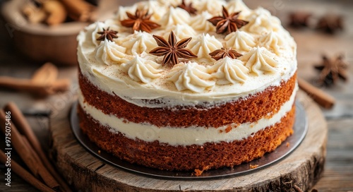 Deliciously decorated cake with spices on a rustic wooden table in warm lighting
