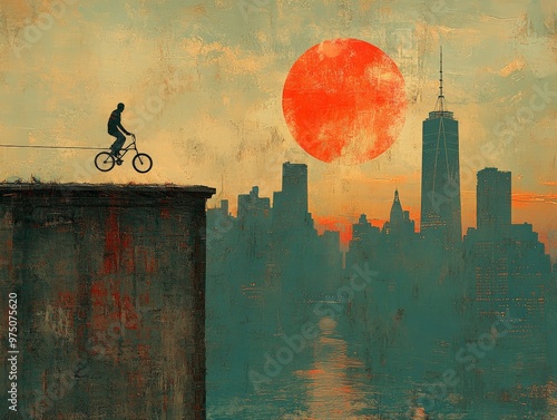 This image portrays a daring cyclist balancing on a highwire at dusk, with a vivid red sun in the background, symbolizing equilibrium, courage, and the beauty of twilight. photo