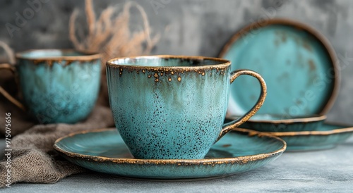 Beautiful turquoise ceramic cup and plates set arranged neatly on textured ba...