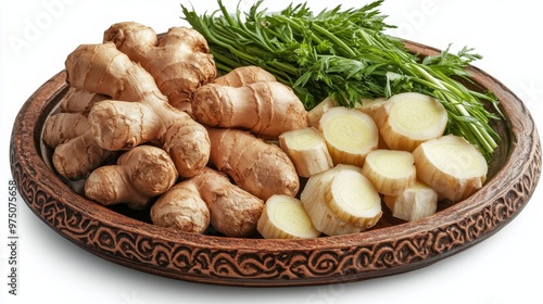 Fresh ginger roots and chopped ginger pieces arranged beautifully with green ...