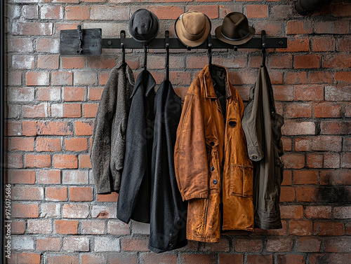 Black wrought iron coat rack, industrial style, set against an exposed brick wall, holding a variety of coats and hats