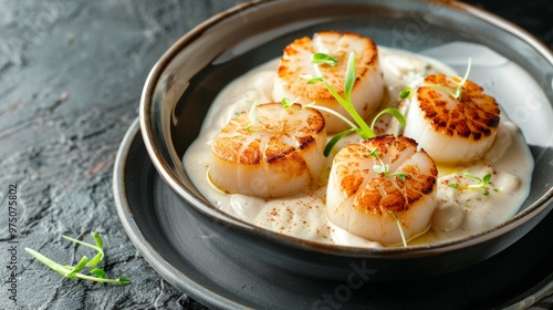 A beautifully plated dish of seared scallops garnished with fresh herbs, sitting elegantly on a textured background, inviting culinary indulgence.