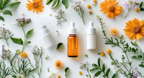 Natural skincare products arranged with vibrant flowers and herbs on a light ...