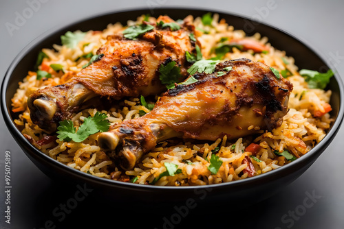 Delicious Chicken Biryani with Two Prominent Chicken Legs | Flavorful Indian Dish and Garnished Rice