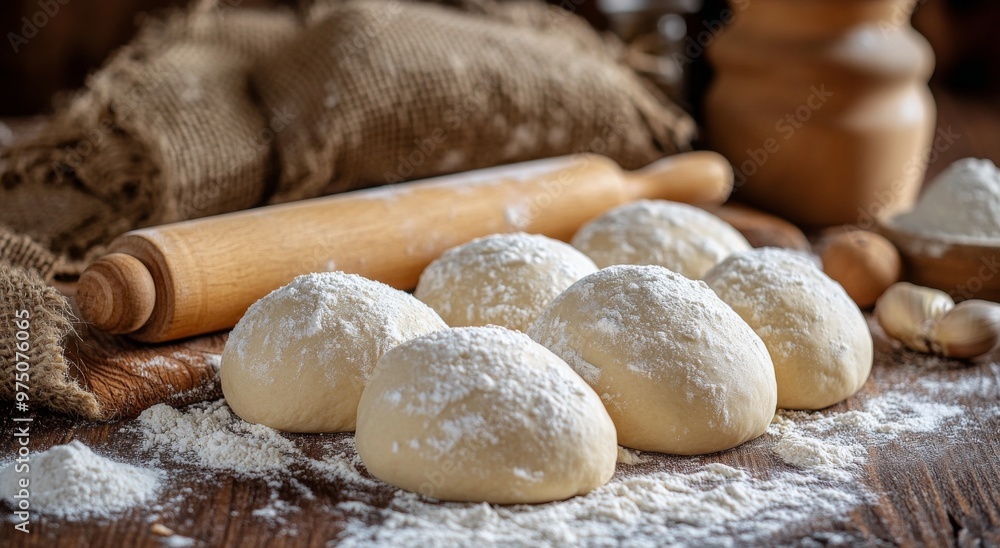Preparing fresh dough balls on a wooden surface with flour and a rolling pin in a cozy kitchen Preparing fresh dough balls on a wooden surface with flour and a rolling pin in a cozy kitchen