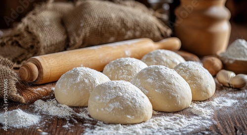 Preparing fresh dough balls on a wooden surface with flour and a rolling pin ...