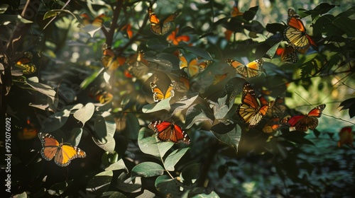 A vivid gathering of monarch butterflies perched on lush green foliage, beautifully capturing the essence of nature in motion and vibrant wildlife. #975076092