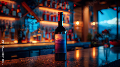 A wine bottle with an artistic label stands elegantly on chic bar counter, illuminated by soft ambient lighting. vibrant colors of label contrast beautifully with stylish bar backdrop, creating sophis photo