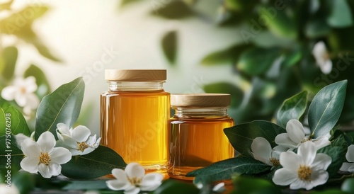 Natural honey jars surrounded by leaves and flowers on a light background