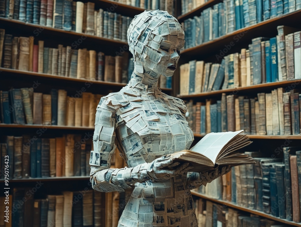 A sculpted figure made of newspapers is depicted reading a book amidst tall bookshelves in a library, highlighting the intersection of art, literature, and creativity. A sculpted figure made of newspapers is depicted reading a book amidst tall bookshelves in a library, highlighting the intersection of art, literature, and creativity.