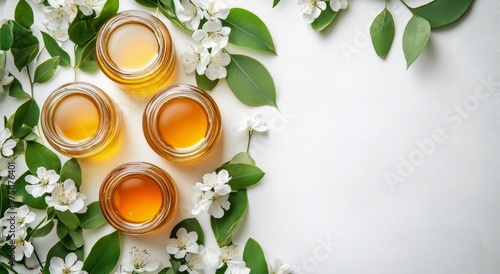 Natural honey jars surrounded by leaves and flowers on a light background