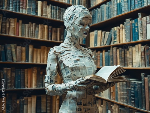 A sculpted figure made of newspapers is depicted reading a book amidst tall bookshelves in a library, highlighting the intersection of art, literature, and creativity.