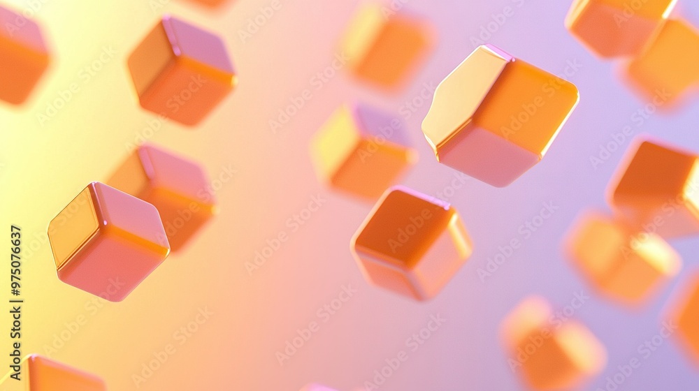A cluster of purple and yellow cubes suspended in mid-air on a vibrant background A cluster of purple and yellow cubes suspended in mid-air on a vibrant background