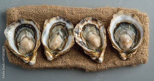 Fresh oysters displayed on burlap with shells open, showcasing their unique a...