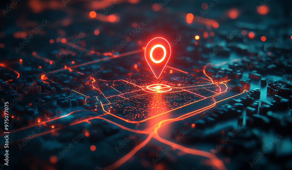 Futuristic City Map with Neon Red Location Pin in Cyberpunk Style Futuristic City Map with Neon Red Location Pin in Cyberpunk Style