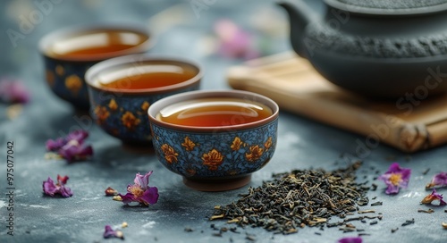 Traditional tea ceremony with handcrafted teacups and loose leaf tea displaye...