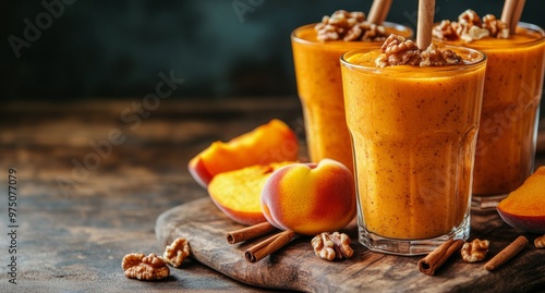 Delicious pumpkin smoothies topped with walnuts and cinnamon served on a wood...