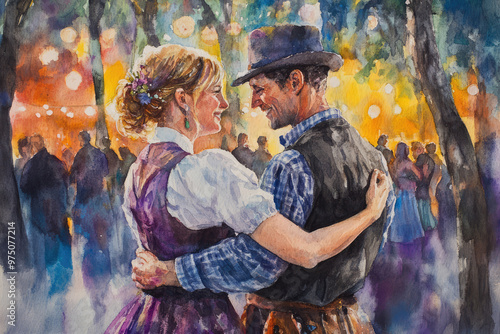 A watercolor illustration depicting a couple in affectionate embrace while dancing at a nighttime festival, surrounded by warm lights, creating a romantic and nostalgic atmosphere. photo