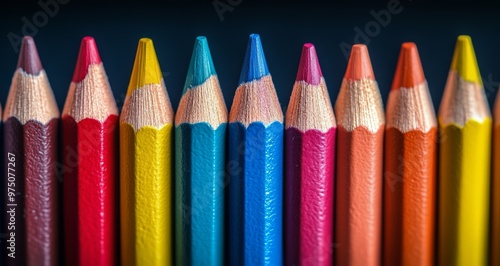 Colorful pencils arranged neatly on a dark surface for artistic creativity