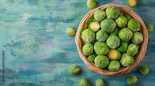 Freshly harvested Brussels sprouts arranged in a woven basket on a teal backg...