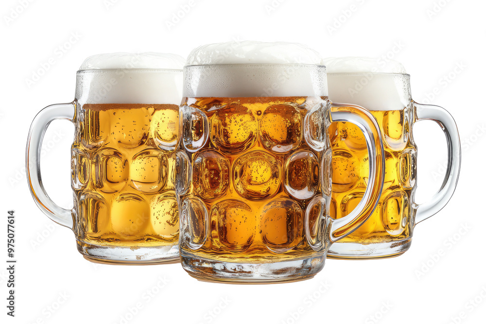 An inviting image depicting three beer mugs filled with golden beer and topped with foam, arranged side by side, celebrating good times and social gatherings in a classic style.