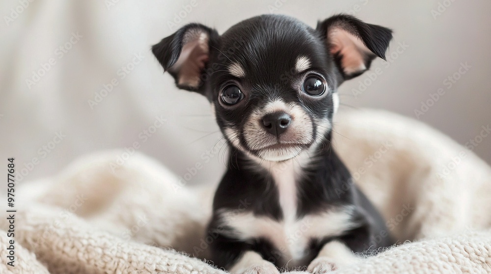 A little black and white pup perched atop a white quilt on a snow-covered ground A little black and white pup perched atop a white quilt on a snow-covered ground