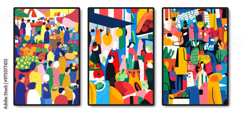 Vibrant Market Scenes: A Colorful Urban Exploration Triptych photo