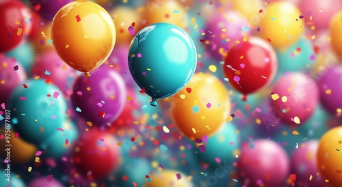 Colorful balloons float among vibrant confetti during a festive celebration