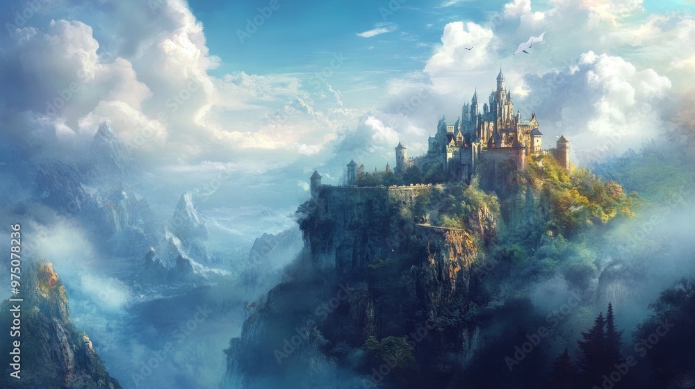 A majestic castle sits atop a mountain, overlooking a valley shrouded in mist. The castle is made of stone and has many towers and spires. The sky is blue and there are clouds. A majestic castle sits atop a mountain, overlooking a valley shrouded in mist. The castle is made of stone and has many towers and spires. The sky is blue and there are clouds.