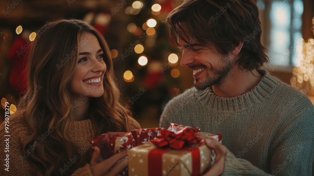 Couple Exchanging Gifts in Cozy Christmas Ambience with Festive Lights Image Couple Exchanging Gifts in Cozy Christmas Ambience with Festive Lights Image