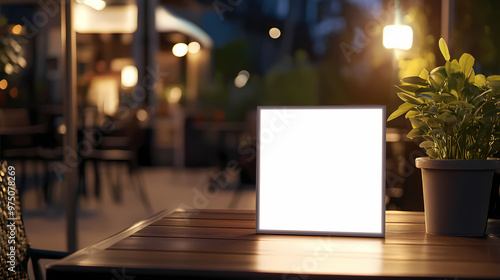 Wallpaper Mural A blank white square A4 frame mockup placed on an outdoor table of a restaurant at night Torontodigital.ca