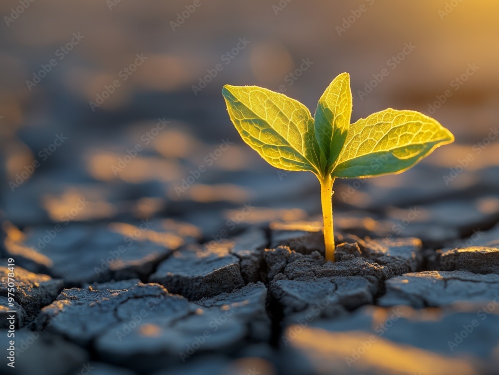 A resilient small green plant sprouts through dry, cracked soil, symbolizing hope and perseverance against adversity, captured during a golden hour sunset. A resilient small green plant sprouts through dry, cracked soil, symbolizing hope and perseverance against adversity, captured during a golden hour sunset.