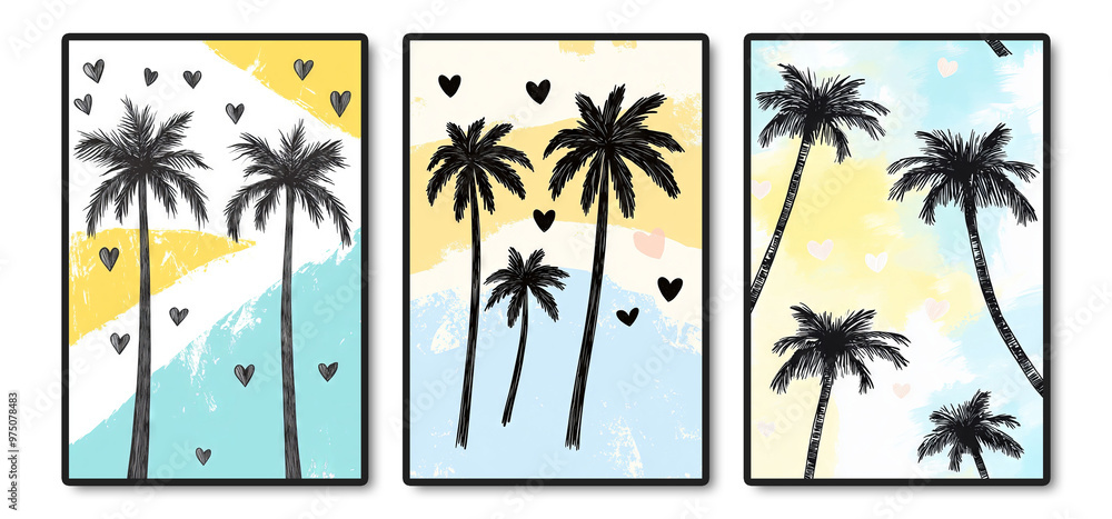Tropical Palm Tree Art with Minimalist Heart Accents in Pastel Yellow and Blue Shades Tropical Palm Tree Art with Minimalist Heart Accents in Pastel Yellow and Blue Shades