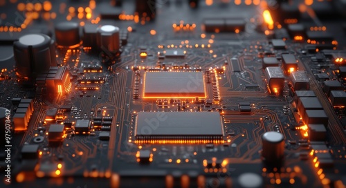 Detailed close-up of a circuit board illuminated by orange lights in a dark e...