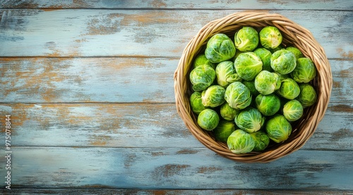 Freshly harvested Brussels sprouts arranged in a woven basket on a teal backg...