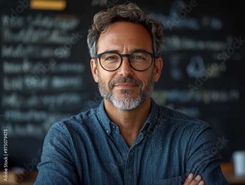 An experienced man with glasses stands confidently in front of a chalkboard, embodying wisdom, intellectual prowess, attention to detail, and authoritative teaching. photo