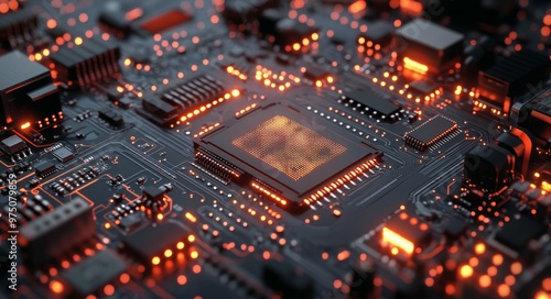 Detailed close-up of a circuit board illuminated by orange lights in a dark e...
