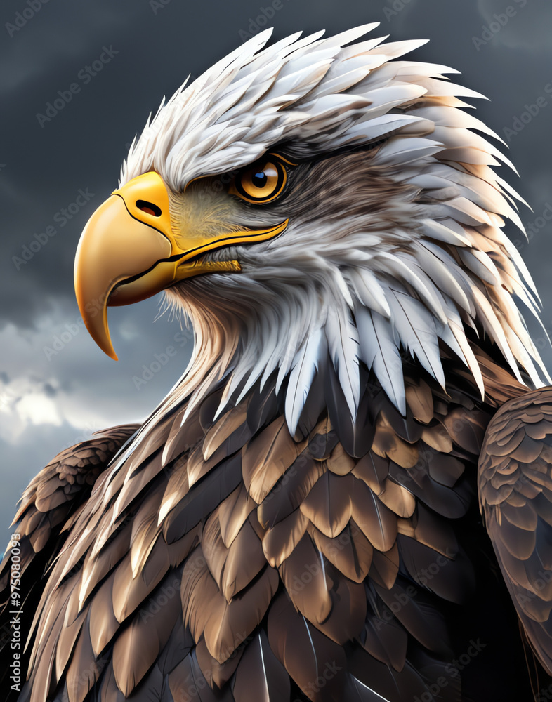 Fototapeta premium Fantasy depiction of a powerful eagle warrior adorned with intricate armor, showcasing a muscular physique against a dramatic sky backdrop. Perfect for concept art and fantasy themes.