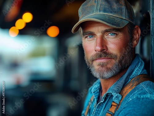 A man confidently wears a denim trucker hat, standing amidst an industrial backdrop, embodying self-reliance and a spirit of unyielding effort and perseverance.