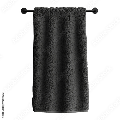 Black shower towel hanging on a rod isolated on a transparent background photo