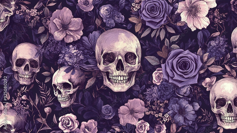 Purple Floral Skull Pattern with Intricate Details Purple Floral Skull Pattern with Intricate Details