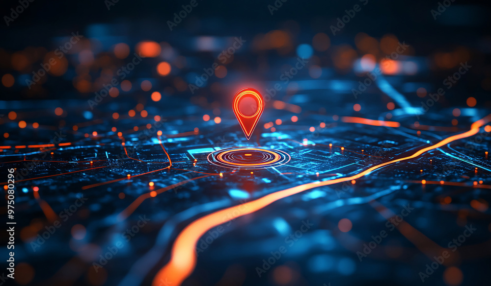 Futuristic Digital Map with Neon Glowing Location Pin Futuristic Digital Map with Neon Glowing Location Pin