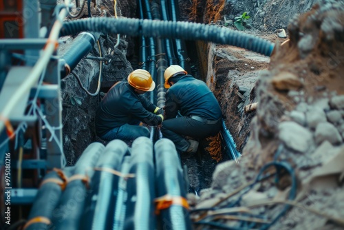 Two construction workers in yellow helmets and dark clothing skillfully maneuver within an intricate web of cables and conduits underground. photo