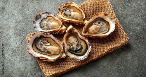 Freshly shucked oysters arranged beautifully on a burlap mat against a textur...