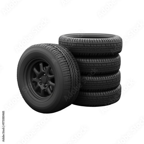 Stack of four black car tires isolated on a transparent background photo