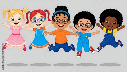 Colorful illustration of five diverse children holding hands and jumping joyfully against a light blue background. Perfect for educational materials or children's content.