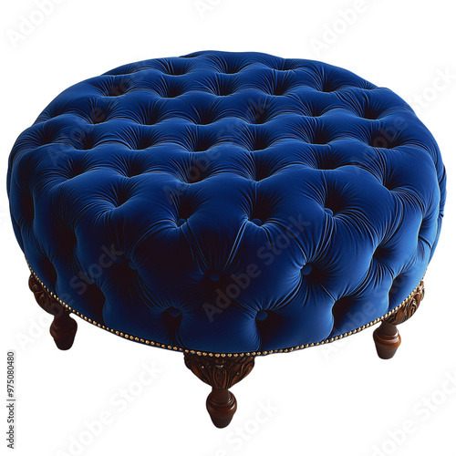 Luxurious blue tufted round ottoman with wooden legs isolated on a transparent background photo