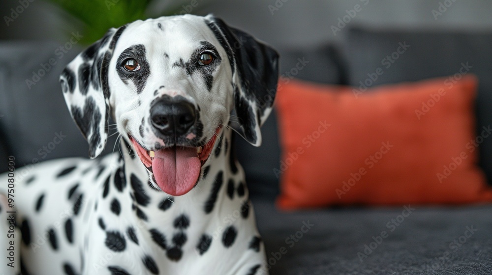 A Dalmatian dog is sitting on a couch, its tongue out and hanging to the side A Dalmatian dog is sitting on a couch, its tongue out and hanging to the side